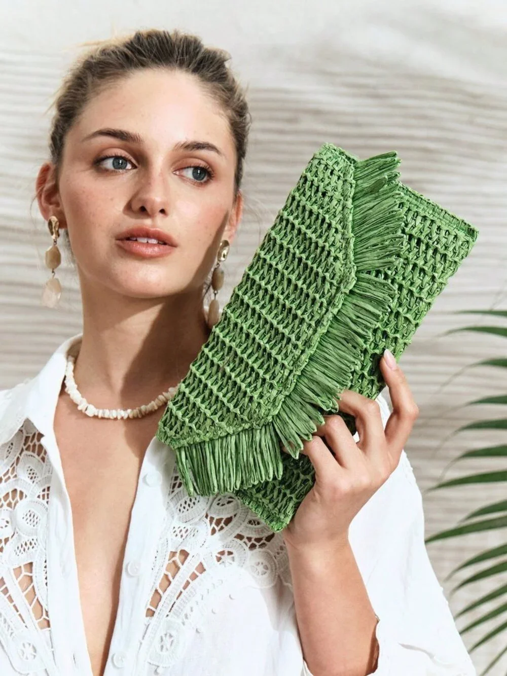 Green Woven Straw Women's Clutch Bag